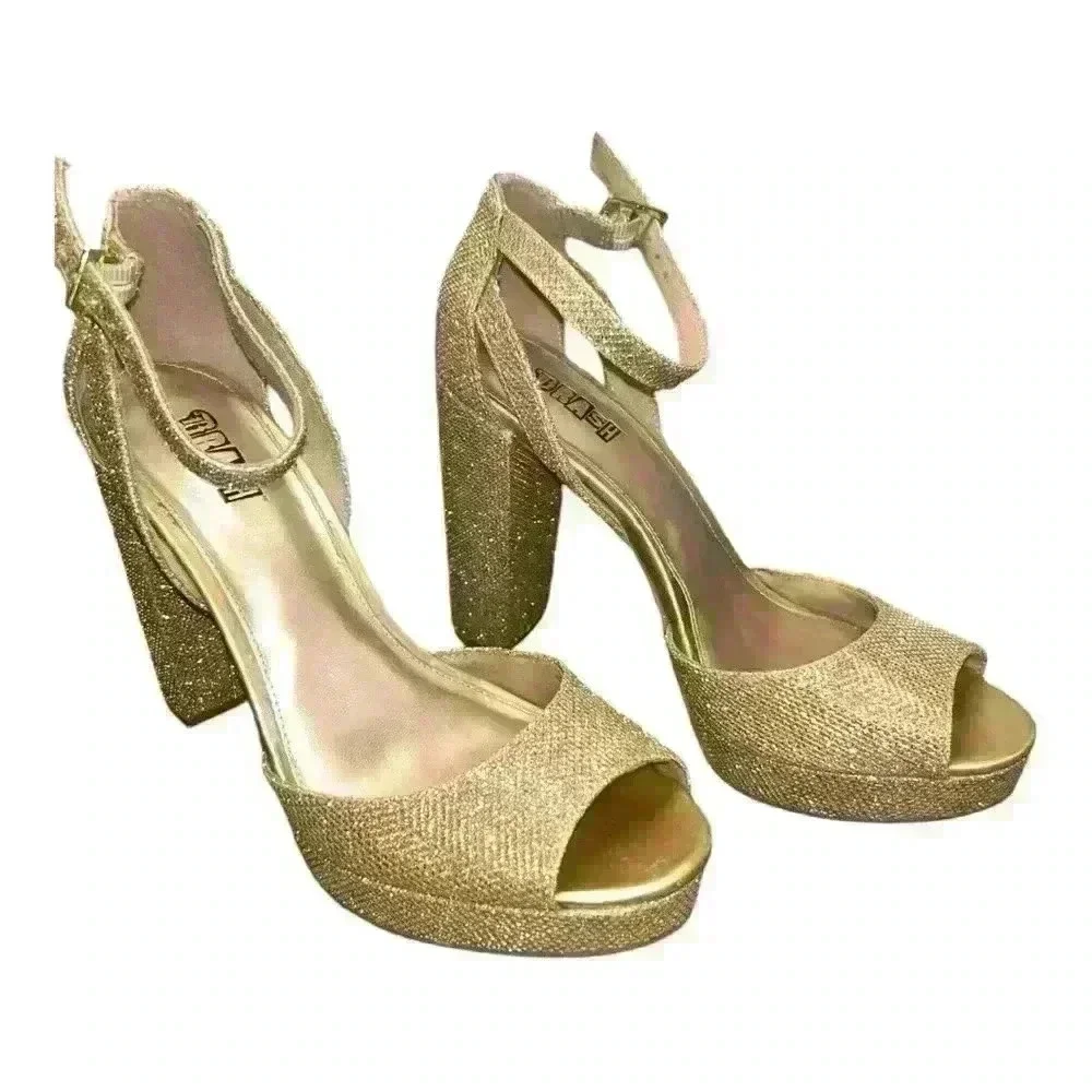 Brash Shoes Womens Sz 8.5 Gold Sparkle 4.5”High Heel Open Toe Strappy Platform